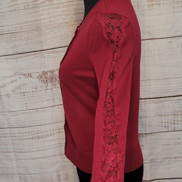 White House Black Market Fall Cardigan | Burgundy | Small | Lace Sleeves - Picture 3 of 5